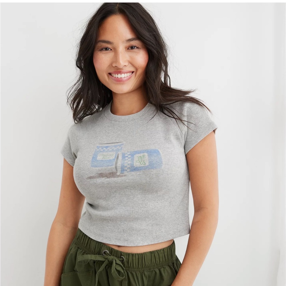 Aerie Cropped Ribbed Baby T-Shirt Graphic Coffee Softest Size Large